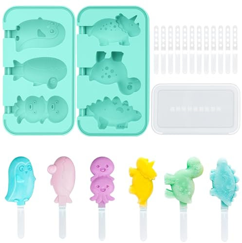 LOULANLUXE Ensemble de 2 Pièces Moule a Glace Silicone et 12 Pièces Batonnet Glace Reutilisable, Moule Glace a L'eau Dinosaure, Popsicle Moule D'animaux, Sans BPA, Crème Glacée DIY (Vert)