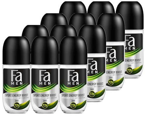 Fa Men Deo Roll-on Sport Energy Boost (12x 50 ml), Anti-Transpirant mit bis zu 72 h Schutz vor Schweiß & Körpergeruch, Deo mit dem aktivierenden Duft von Ingwer & Zitrone