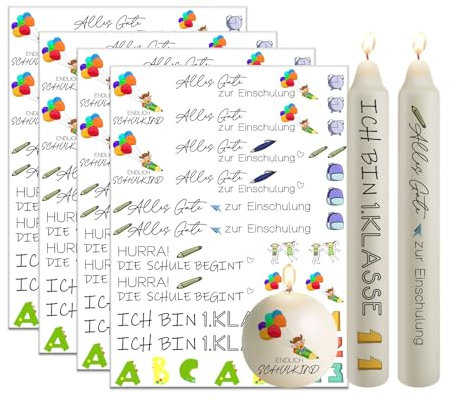 Bolosa 4 Stück Kerzentattoos Einschulung, Kerzen Folie Einschulung, Kerzen Tattoo Einschulung, Rub on Sticker, Wasserschiebefolie Einschulung Kerzen Tattoos, 19x14cm Kerzentattoo(Einschulung 1)