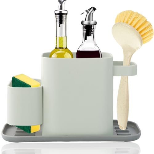 Nivofu,Organizador de Fregadero Cocina,Plásticos Organizador Productos Limpieza, Multifuncional Guarda Estropajos Fregadero con Bandeja de Goteo Extraíble, Accesorios Fregadero Cocina- Gris