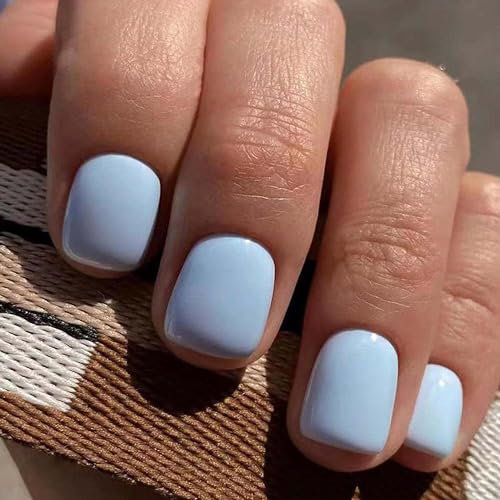 MrCuvaryas Press on Nails Kurz, Square Nägel zum Aufkleben Fake Nails Künstliche Fingernägel mit Nagelkleber, Glossy Einfarbige Kunstnägel zum Aufkleben NailTips für Frauen (Blue, 24pcs)