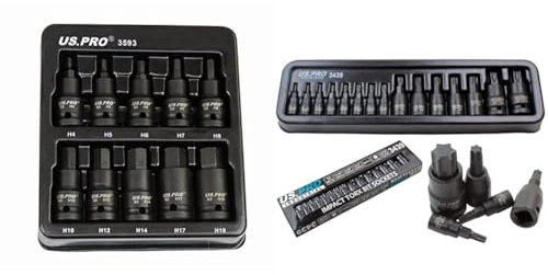 US PRO Tools 10pc Impact Hex Bit Socket Set 1/2'' Drive 4mm to 19mm 3593 & 15pc Impact Torx Bit Socket Set 1/4 3/8 1/2 T6-T70 TRX-Star US Pro Industrial