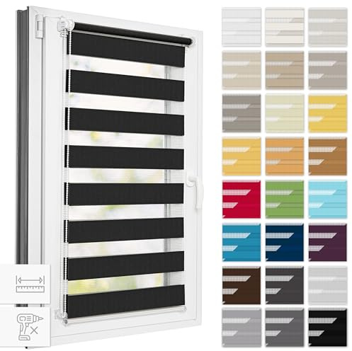 Estika Doppelrollo Klemmfix ohne Bohren, Breite alle 1 cm - 87 cm x 120 cm - Schwarz - Tag und Nacht Duo Rollo, Rollos für Fenster ohne Bohren, Fenster Sichtschutz
