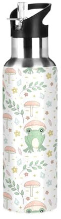 HMZXZ Water Bottle with Straw Leakproof Hot Water Bottle Frog Mushrooms Vacuum Insulated Bottle for Girls Boys Sports 600ml