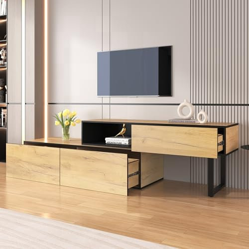 Mueble de TV con longitud ajustable, muebles de salón con tres cajones y un compartimento grande