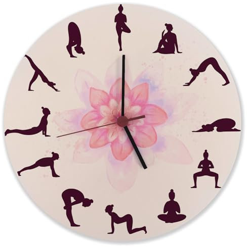 speecheese Yoga Wanduhr aus Alu mit verschiedenen Yogastellungen Witzige Uhr für Yogasport Yogastudio mit Blumenmotiv für mehr Sport und Beweglichkeit im Alltag