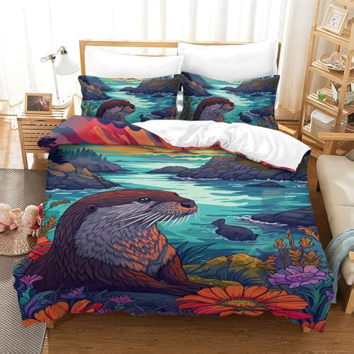 Rochile Otter Bettbezug Set Bettwäsche Kinderbettwäsche Reißverschluss Mit Kissenbezug Betten Set Für Jugendliche Kinder Schlafzimmer Single（140x200cm）