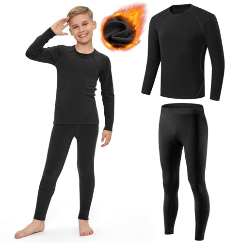 AUYAO Ensemble de Sous-Vêtement Thermique Enfant, Hiver T-Shirt à Manches Longues&Leggings Set, Vêtement Thermique Sport Respirants Thermiques Ensemble pour Ski et Football pour Garçon et Fille