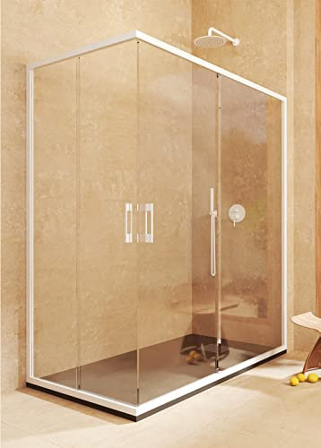 SOULBATH Mampara Angular 2 correderas + 2 fijos, con Perfil Inferior, Fácil instalación Reversible Vidrio de Seguridad 6mm antical, 72,5-75 x 97,5-100 cm Ancho Adaptable - H= 195cm, Blanco Mate