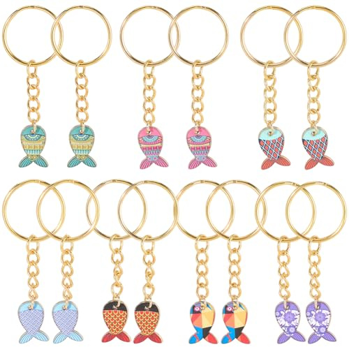 CRASPIRE 14 Stück Schlüsselanhänger Mit Fischen Schlüsselanhänger Mit Meeresmotiv Bunt 7 Stile Kleine Emaille Legierung Sommerfische Meerestiere Hängender Anhänger Schlüsselanhänger Für Selbstgemachte