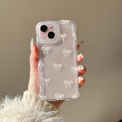 EYZUTAK Case for iPhone 13, Clear Cute Ribbon Bowknot Pattern Aesthetic Transparent Bow Phone Case Curly Wave Edge Case Stylish Slim Soft Durable TPU Protective Cover for Women Girls - White