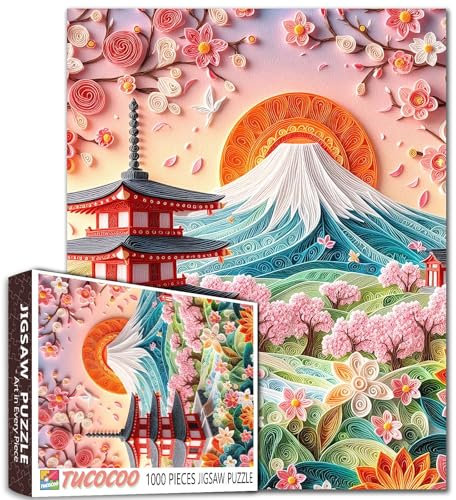 Puzzle de 1 000 pièces pour adultes et étudiants - Pagode japonaise - Vue sur la montagne - Fleurs roses - 50,8 x 68,6 cm - Cadeau relaxant