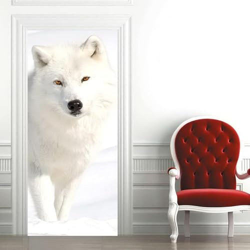 Tizhweqo Türtapete Selbstklebend 80x200 Wolf Türfolie Türposter Weiße Tiere Fototapete Türklebefolie Wandbild Türaufkleber Wandtapete 3D Effekt für Wohnzimmer Schlafzimmer Küche c3251