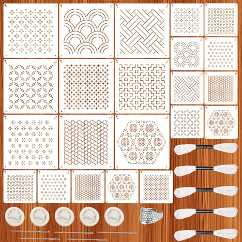 34 Stück Sashiko Schablonen Set aus Kunststoff, Scrapbooking Handwerk Deko,Inklusive 18stk Geometrischen Einfachen Stick Schablonen 5 Rollen Faden 5stk Fingerhaltern 5stk Nadeln 1stk Fingerhut