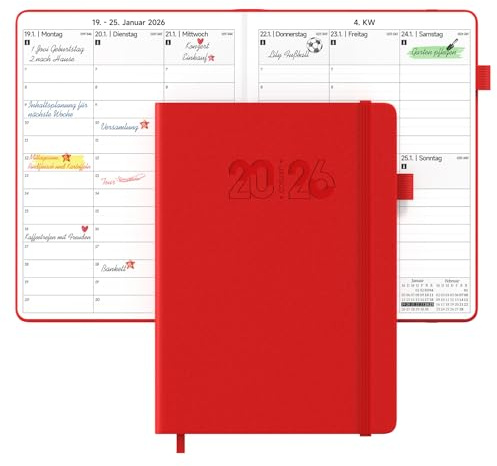 JAYSOO® Terminplaner 2026, A4 Wochenplaner 21x28cm Tageplan und Stundenplan, 12 Monate Terminplaner Hardcover (Jan.-Dez.2026) für Arbeit, Lernen und Familienplan - Rot
