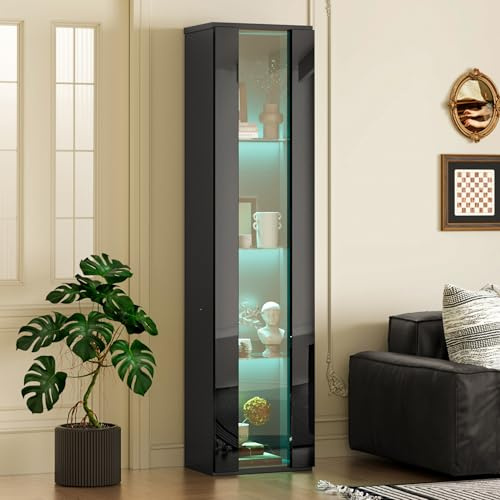 LAKFEW Vitrine Glasvitrine mit LED-Lichtleiste, Vitrinenschrank Eckschrank mit Glastüren, Wohnzimmerschrank Hochschrank, Wohnzimmer Möbel, 40x29x170 cm, Schwarz