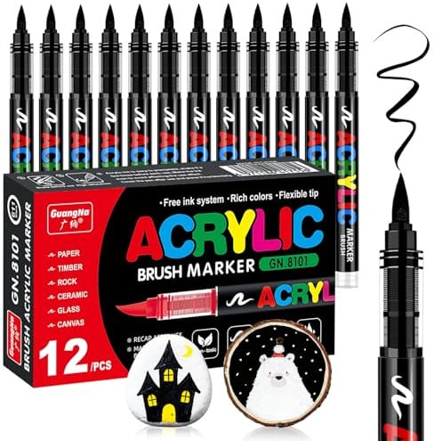 Camiki Art 12 Black Acrylic Paint Pen, Waterproof Paint Markers for Rock, Wood, Pebbles, Glass, Ceramic, Stones, Fabric, Canvas, Craft - Brush Pens, black Permanent Marker Pen Set