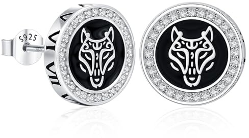Ohrringe Wikinger, S925 Sterlingsilber Wolf Ohrstecker,Römische Ziffern Runde Ohrringe Hypoallergen Schwarze Punk Gothic Ohrstecker Schmuck Geschenke für Damen Herren
