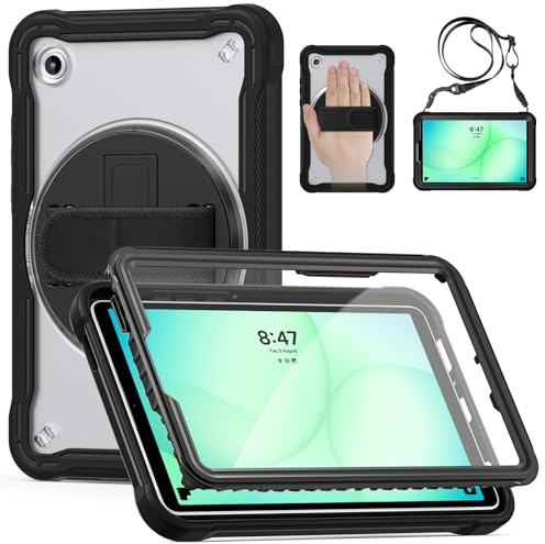 Case for Samsung Galaxy Tab A11 8.7 inch 2025 SM-X130/X135,Protective Tablet Case with 360 Rotating Hand Strap & Stand, Pen Holder, Screen Protector and Shoulder Strap Black Transparent