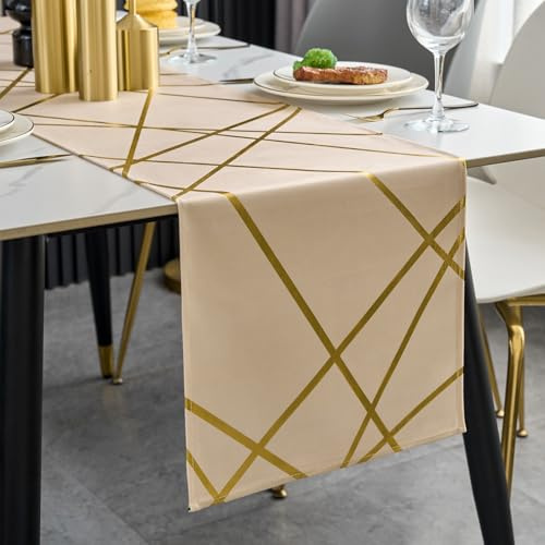 Brylleii Tischläufer Modern Beige Creme Glänzend Gold Geometrie 33x140 Tischdeko Tischband Abwaschbar Kurz Landhausstil Tischdecke Dekoratives Vintage für Couchtisch Esstisch Küche Urlaub Hochzeit