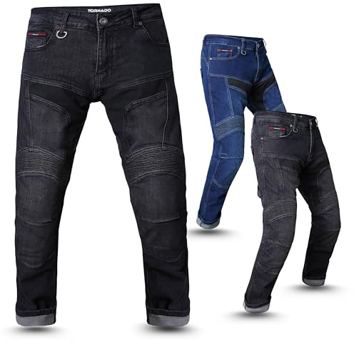 Tornado Durt AA-Rated Motorcycle Jeans for Men Motorbike CE Level 2 Armour, 12oz Aramid Lined Denim with Adjustable Pads, Flex Panels & Reflective Cuffs (UK, Waist & Inseam, 38, 32, Black)