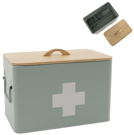 ROCKING GIFTS Caja Botiquín Grande de Metal Verde con Tapa de Madera Organizador Primeros Auxilios para Baño con Compartimentos 32x22x19 cm