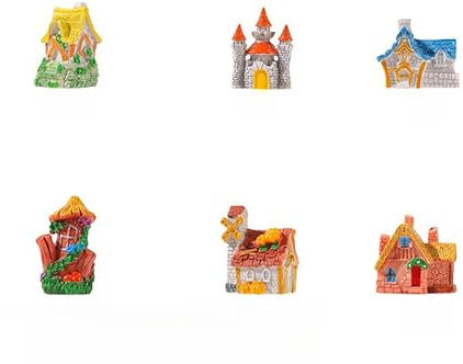 6er Set Miniatur Häuser für Feengarten – Harz Deko Figuren mit Schloss, Windmühle, Baumhaus und Märchenhäuschen – Zubehör für Miniaturlandschaft und Gartendekoration