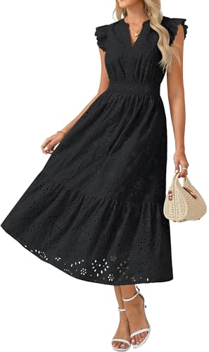 GRACE KARIN Women's Casual Dress with Flutter Sleeves, Henley V-Neck Summer Dress, Lightweight Calf-Length Midi Black L