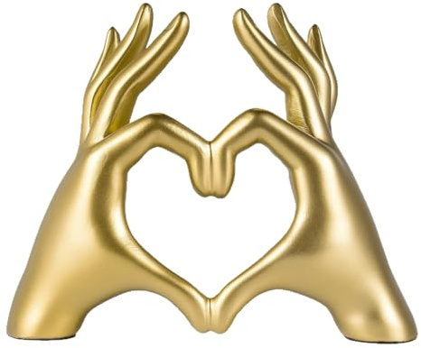 Goldene Herz Hand Skulptur, Herzform Hand Statue, Liebe Finger Deko Gold aus Resin, Minimalistisches Herz Deko für Wohnzimmer, Schlafzimmer, Büro & Bücherregal
