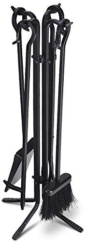 COSTWAY 5 Piece Fire Tools Set, Iron Fireplace Fireside Companion Brush, Poker, Shovel and Tong, Perfect for All Rooms Fire Place (4 Holders, 4-Footed Base, Black)