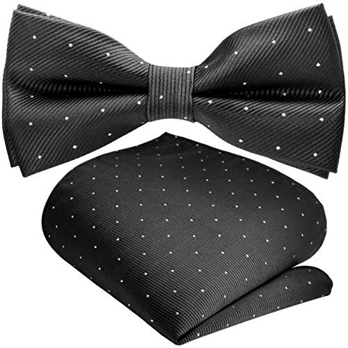 GASSANI 2Tlg Fliegenset, Festliche Schwarze Herren-Fliege Silber Gepunktet, Hochzeitsfliege Anzug-Schleife Vor-Gebunden Ein-Stecktuch Pünktchen