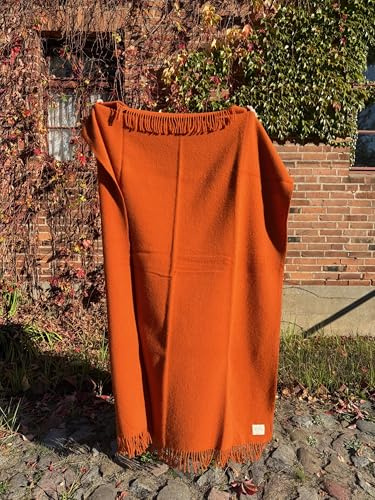JOWOLLINA WoolOnly Wolldecke Plaid mit Fransen 100% Lammwolle (140x205 cm, Orange)