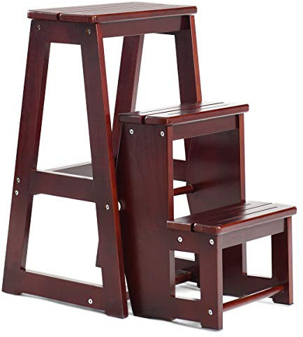 GOPLUS Tabouret d'Echelle 3 Marches Tabouret d’Escabeau Pliable 3 Etages, 57 x 39 x 65 CM, Fait en Bois de Pin (Brun)