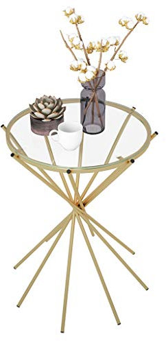 CGF Table d'appoint Ronde en Verre trempé Table Basse Table de Plateau Table d'extrémité en métal pour Salon Chambre Bureau Patio Cour Balcon, Or, 15,7 po D X21,65 po H