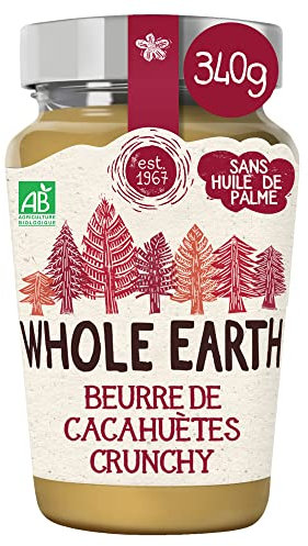Whole Earth Beurre de Cacahuètes Crunchy Bio - Source de protéines - Sans Huile de Palme et Sans Sucres Ajoutés - 1 pot – 340 g (L'emballage peut varier)