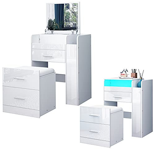 AWOOOD White Dressing Table Vanity Set with LED Lights Flip Up Mirror Makeup Desk with Table 3 Drawers & Cushioned Stool for Bedroom Living Room