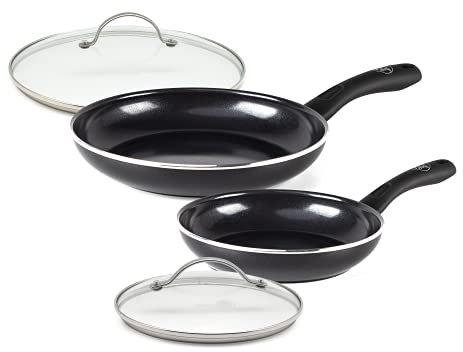 GREENCHEF Set de 2 Poêle à Frire Revêtement Antiadhésif Sain en Céramique, pour Induction + Greenpan 20 cm Tempered Glass with Stainless Steel Rim Univesal Glass Lid + Couvercle, Verre, Clear, 28cm
