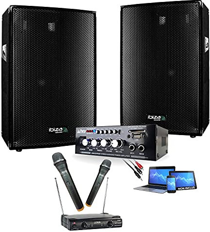 IBIZA Sound Light - Karaoké Pack Sono 600W - Double Micros sans Fil - Ampli HiFi Bluetooth USB - 2 Enceintes Sono 300W - Cable PC - DJ Anniversaire