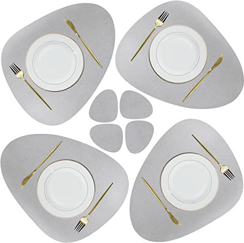 Olrla Tischsets Abwaschbar 4er Set, Leder Tischsets und Untersetzer, Grau rutschfest Platzdeckchen Leder Kunstleder Tischset Lederoptik Platzset