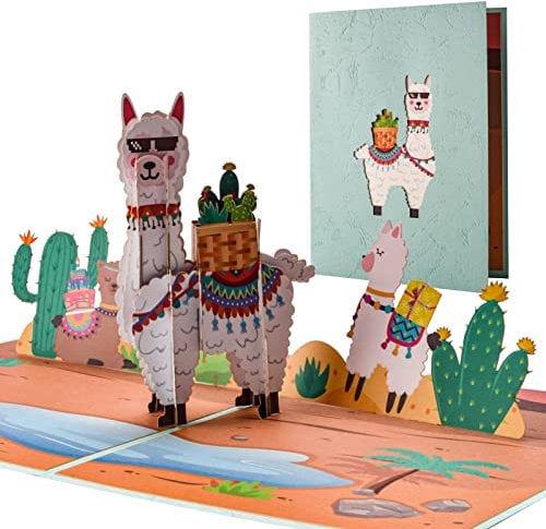 AIBAOBAO Pop Up Karte, Lamas mit Kaktus, 3D Geburtstagskarte mit Alpaka, Gutschein zum Geburtstag, 3D Pop up Karte als Grußkarte für Geldgeschenke, Handgefertigte Klappkarte mit Umschlag