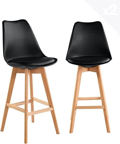 KAYELLES Lot de 2 chaises de Bar scandinaves, Large et Confortable siège avec Coussin Simili Cuir intégré, Hauteur d'assise 70 cm, Pieds en Bois de hêtre TIKA (Noir)