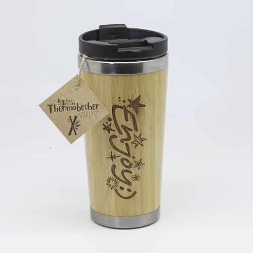 Bambus Thermobecher mit Text Gravur: ENJOY. Optimal für täglichen Bedarf und lange Ausflüge. Geschenk für jedermann und für alle Angelegenheiten. Soft-Touch-Becher.