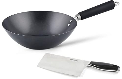 Ken Hom großer Wok 27 cm Induktion Antihaft aus Karbonstahl mit Phenolharz-Griff - Set inkl. Hackmesser 18 cm
