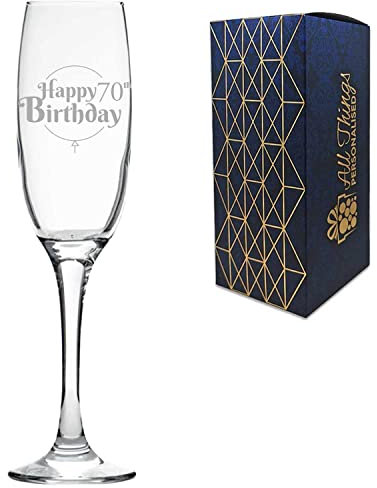 Engraved 70th Birthday Gift, Argon Champagne Glass, Holds 7.4oz, 220ml, Gift Boxed, Happy Birthday Balloon Design, Gift for Him or Her, Laser Engraved in The UK