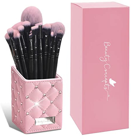 Pennelli professionali da trucco, 18 pezzi, setole morbide e spesse (rosa con diamanti)