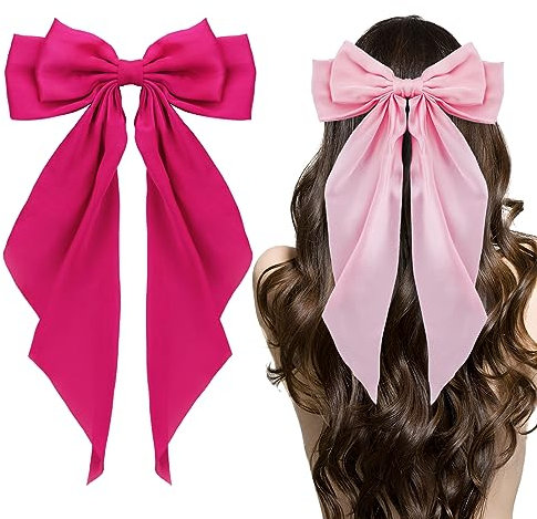 Ambesi Big Bow Hair Clips 2pcs, Long Tail French hair Bows for Women Girl, Satin Silky Bow Hair Barrette, Fuchsia Pink Bow Hair Dress Up Accessories for Birthday/Party/Show/Christmas/Thanksgiving