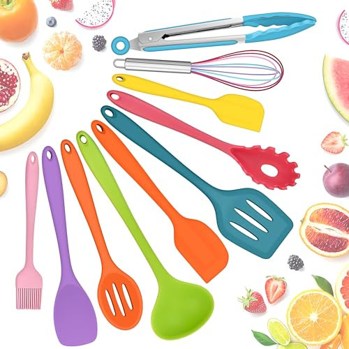 Herogo Kitchen Utensils Set, 10 Pcs Silicone Cooking Utensils Set for Baking, Non-Stick & Heat Resistant Cookware Include Spatula Whisk Spoon Turner Tongs, Non-toxic & Dishwasher Safe, Multicolour