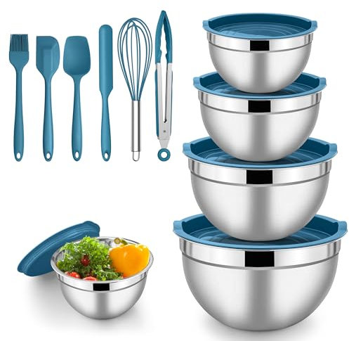 Herogo Ciotola con coperchio, in acciaio inox, set da 5 pezzi, dimensioni 4,5 l, 2,7 l, 1,5 l, 1,2 l, 0,7 l, impilabile, per cucina, mescolare e servire, include accessori per la cottura, lavabile in