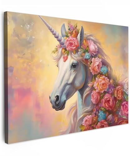 MuchoWow© Leinwandbild 80x60 cm Dekoration Wohnzimmer Bilder Aufhängen Wall Decoration Living Room Wohnungs Deko Moderne Einhorn - Rosen - Einhorn - Blumen