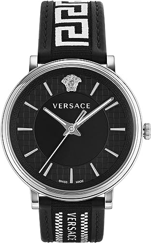 Versace Herren-Armbanduhr mit Quarzuhrwerk, Armband aus schwarzem Leder, Gehäuse aus Edelstahl, analoges Display, Schwarz - VE5A01321